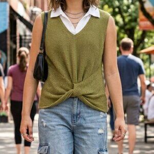 Olive Green Knit See Thru Knotted Y2k Grunge Tank Top Wilderkind Nature Forest